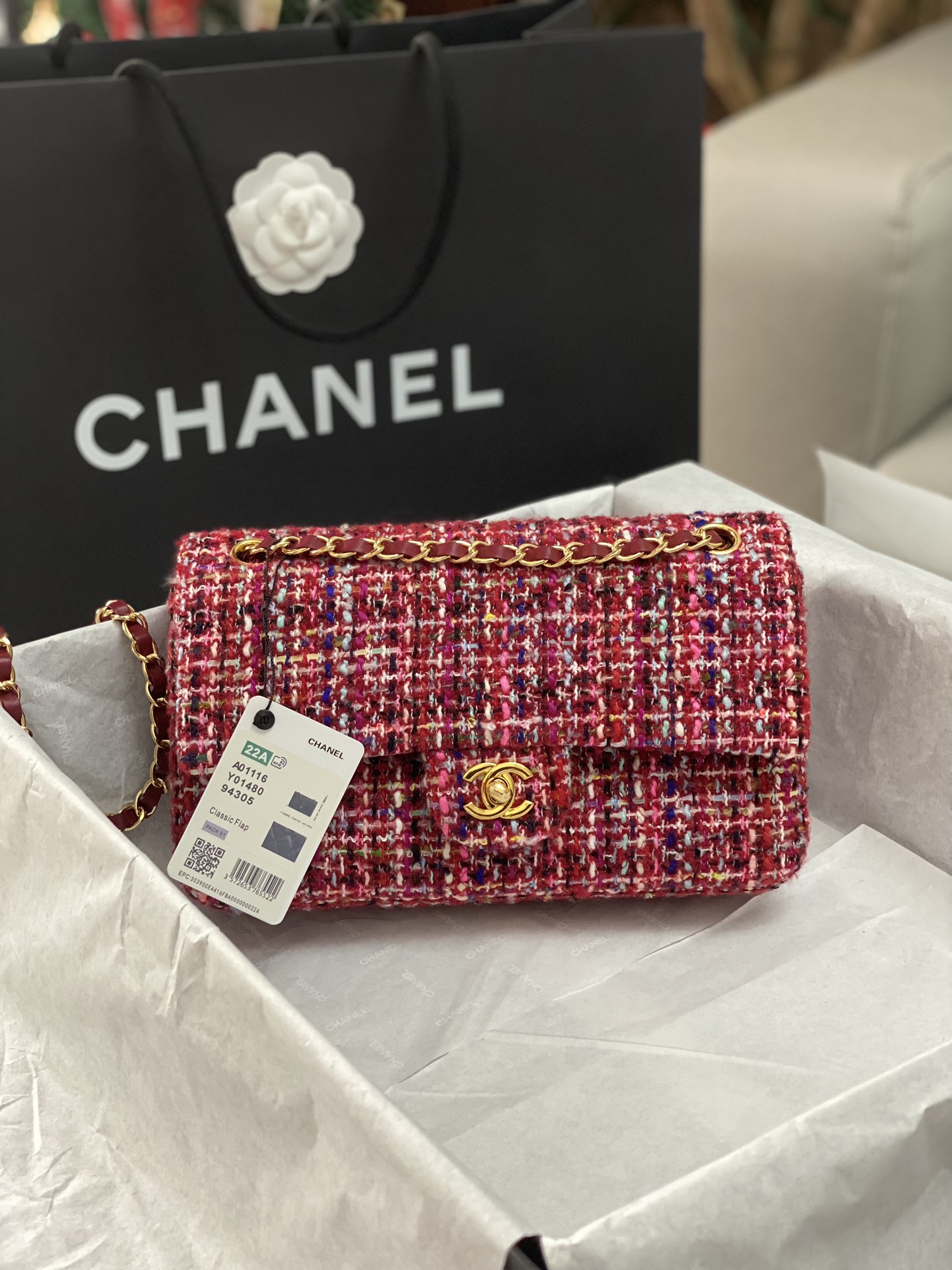 Bagsaaa Ch**el Tweed Flap Bag Red and Multicolor - 25cm