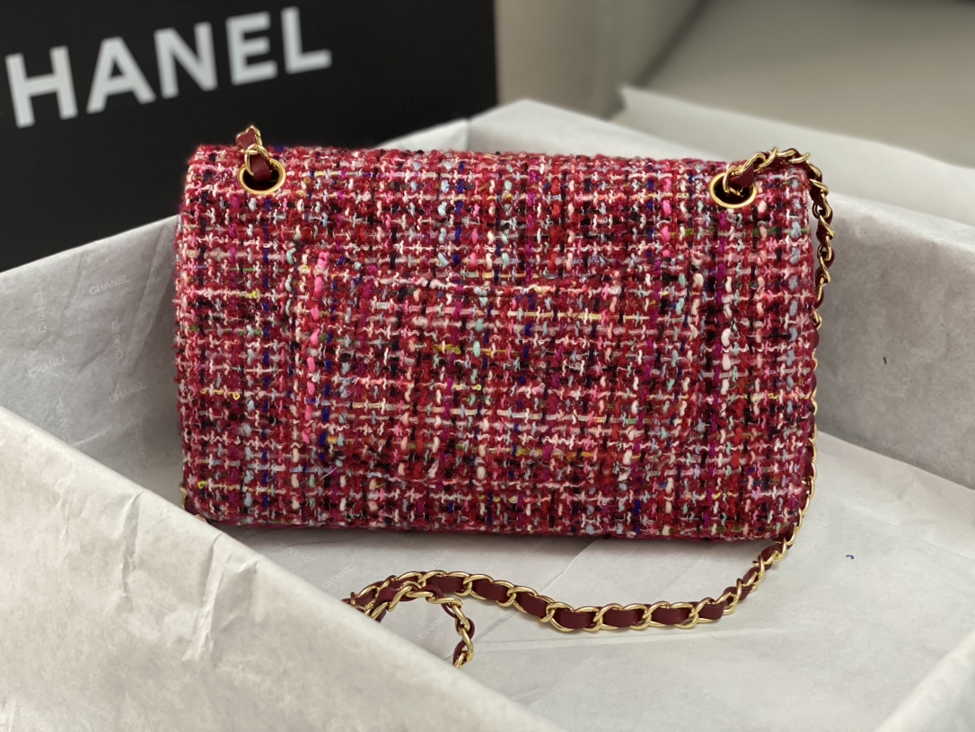 Bagsaaa Ch**el Tweed Flap Bag Red and Multicolor - 25cm