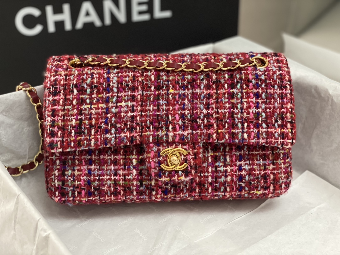 Bagsaaa Ch**el Tweed Flap Bag Red and Multicolor - 25cm