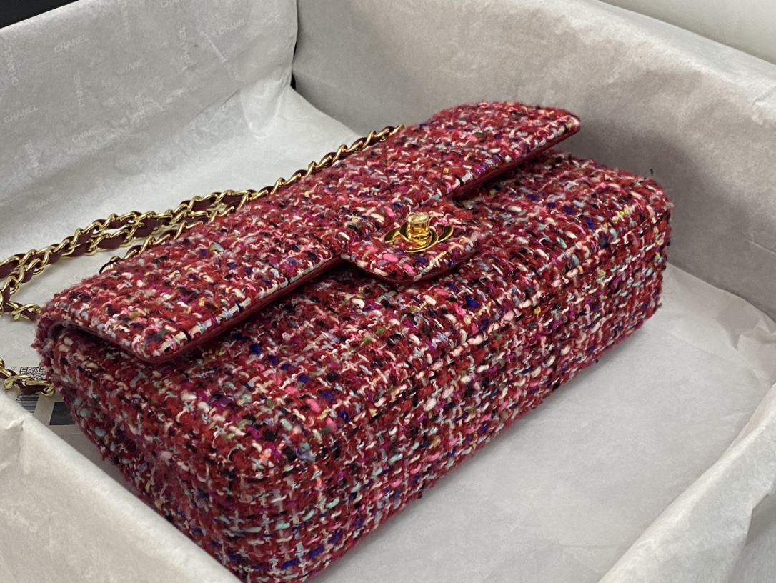 Bagsaaa Ch**el Tweed Flap Bag Red and Multicolor - 25cm