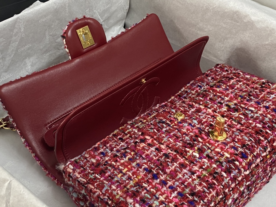 Bagsaaa Ch**el Tweed Flap Bag Red and Multicolor - 25cm