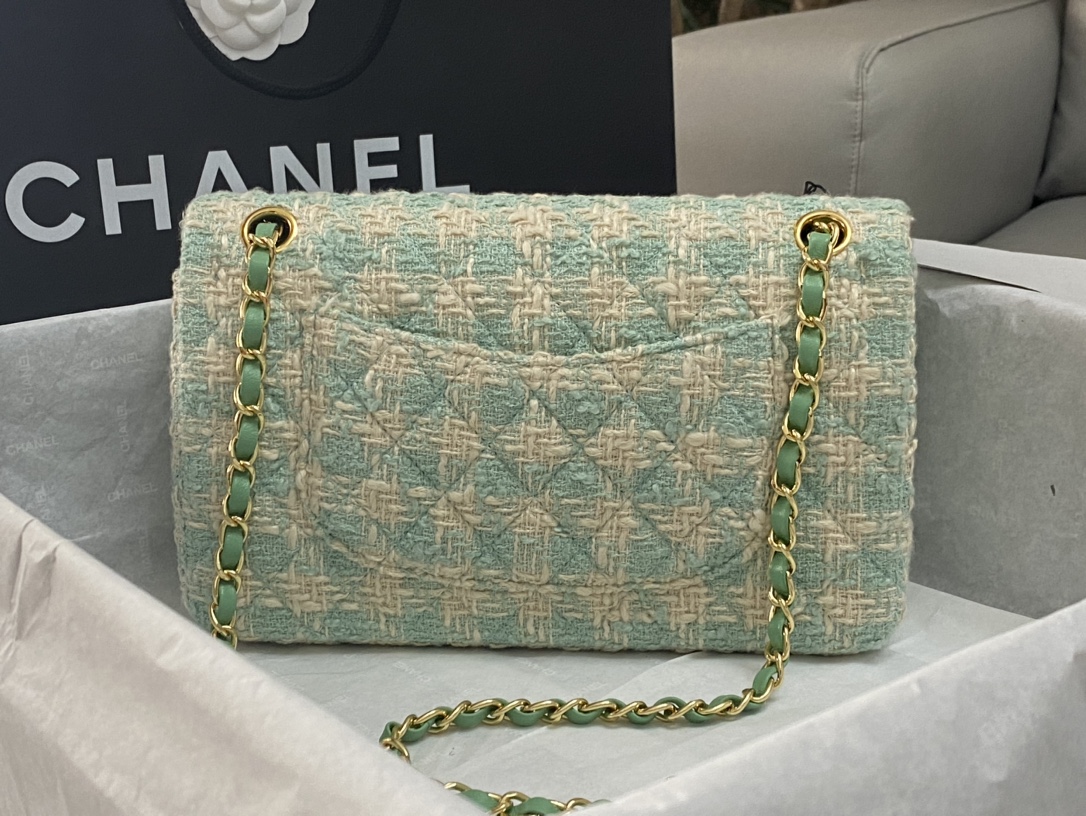 Bagsaaa Ch**el Tweed Flap Bag Mint and Cream - 25cm