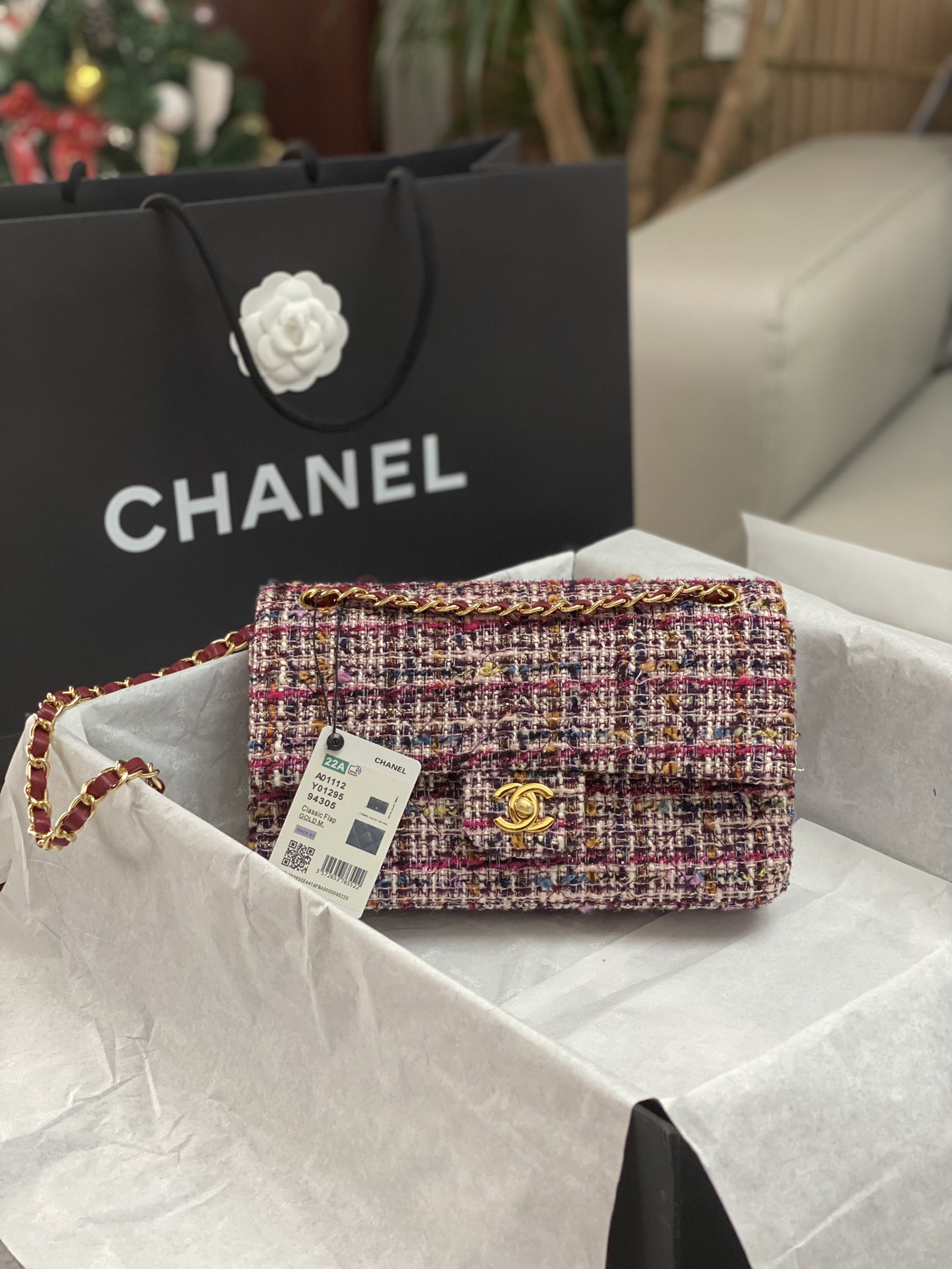 Bagsaaa Ch**el Tweed Flap Bag Pink, Red, White, Black - 25cm