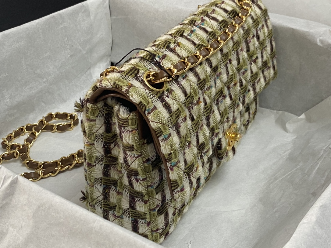 Bagsaaa Ch**el Classic Handbag Wool Tweed & Gold-Tone Metal A01112 - 15.5 × 25.5 × 6.5 cm