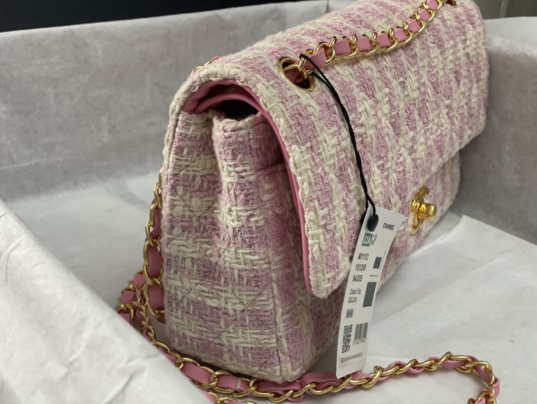 Bagsaaa Ch**el Tweed Flap Pink and Cream - 25cm