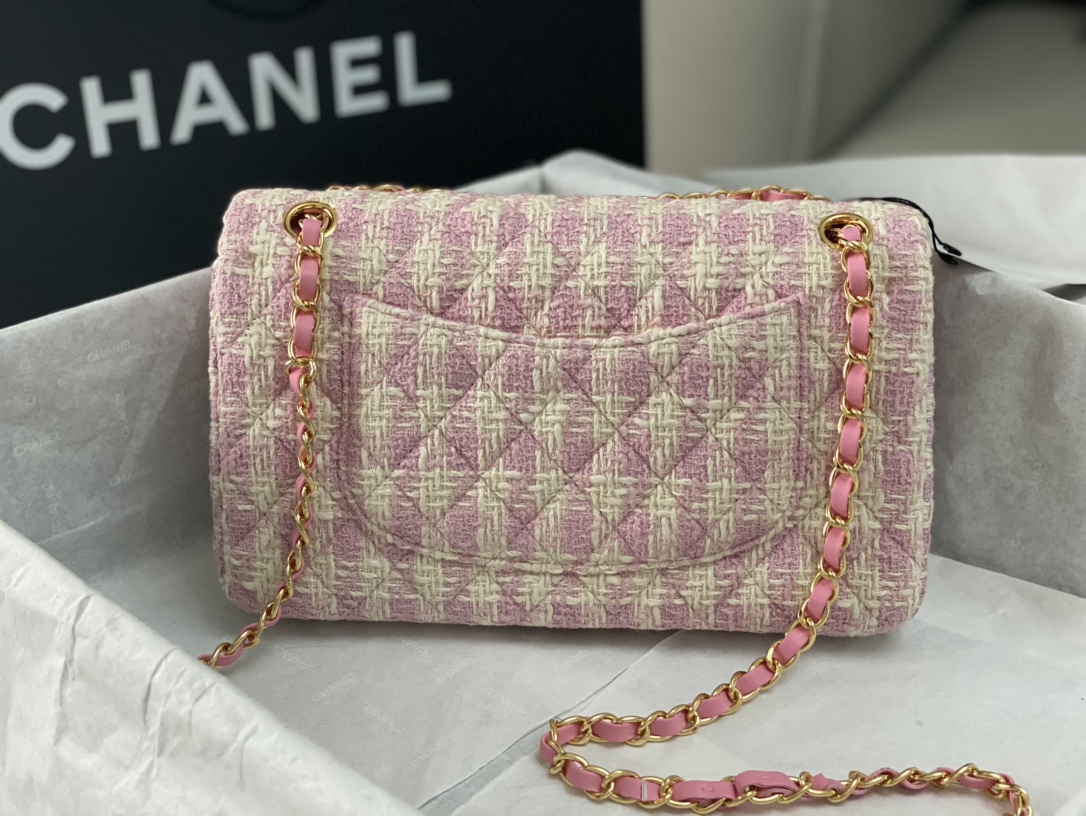 Bagsaaa Ch**el Tweed Flap Pink and Cream - 25cm
