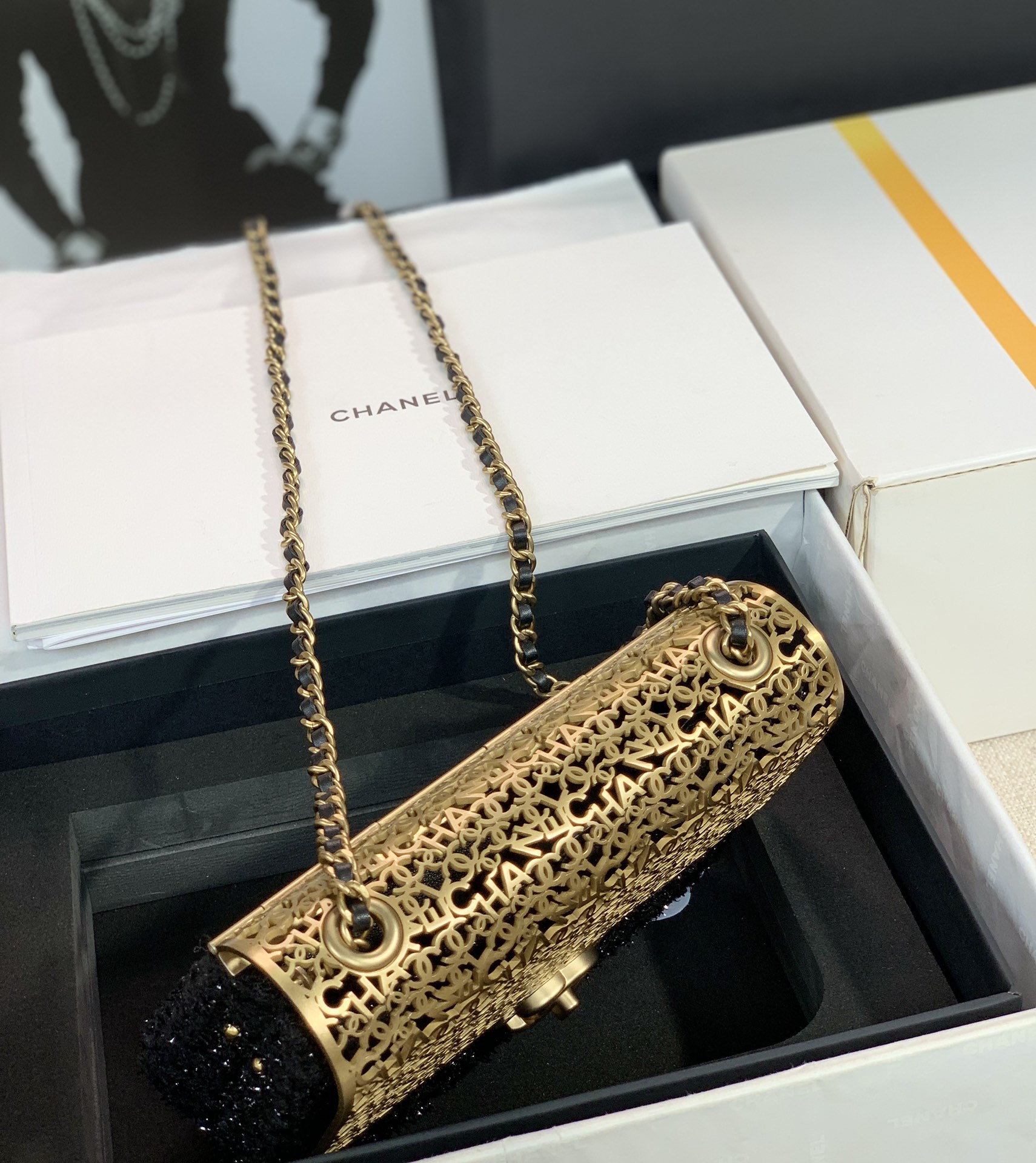 Bagsaaa Ch**el Evening Flap Bag Black Tweed and Gold - 20x13x7cm