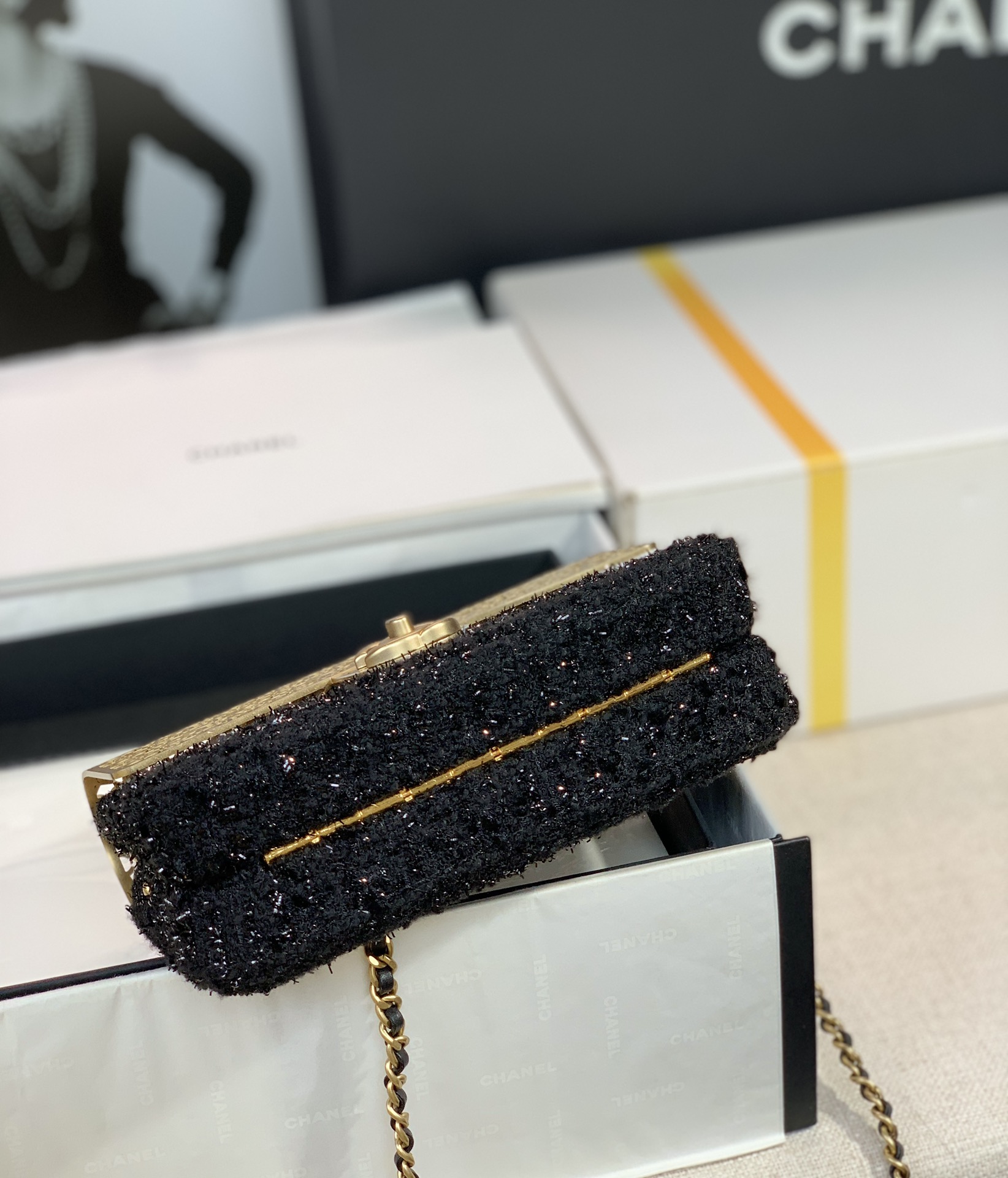 Bagsaaa Ch**el Evening Flap Bag Black Tweed and Gold - 20x13x7cm