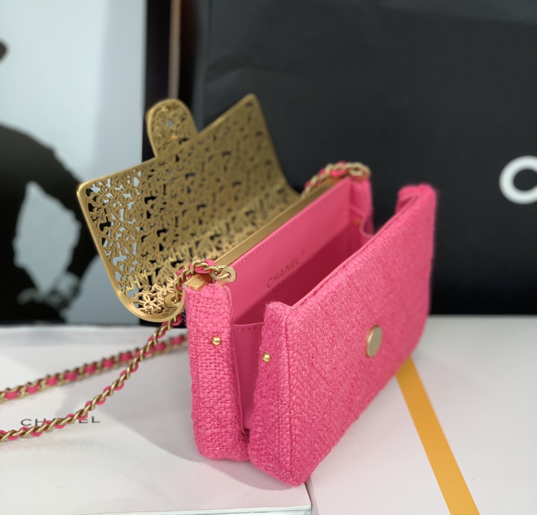 Bagsaaa Ch**el Evening Flap Bag Pink Tweed and Gold - 20x13x7cm