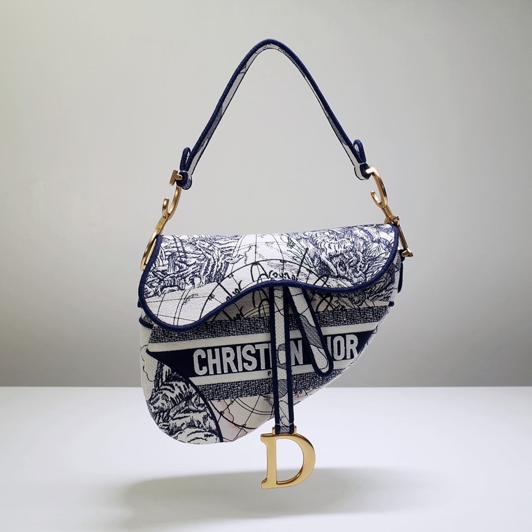 Bagsaaa D10r Saddle Blue and White Embroidered - 25.5 x 20 x 6.5 cm