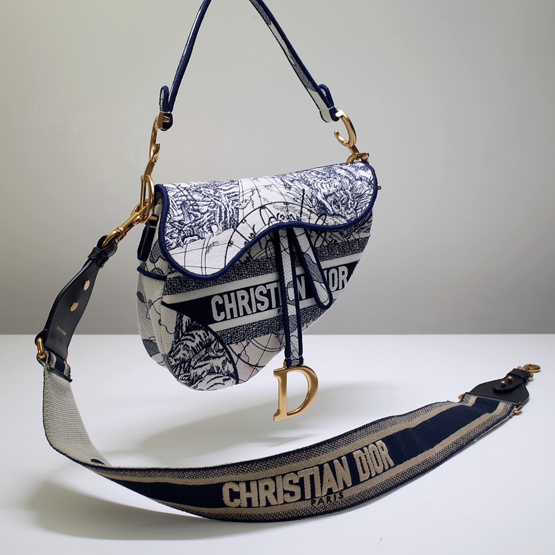 Bagsaaa D10r Saddle Blue and White Embroidered - 25.5 x 20 x 6.5 cm