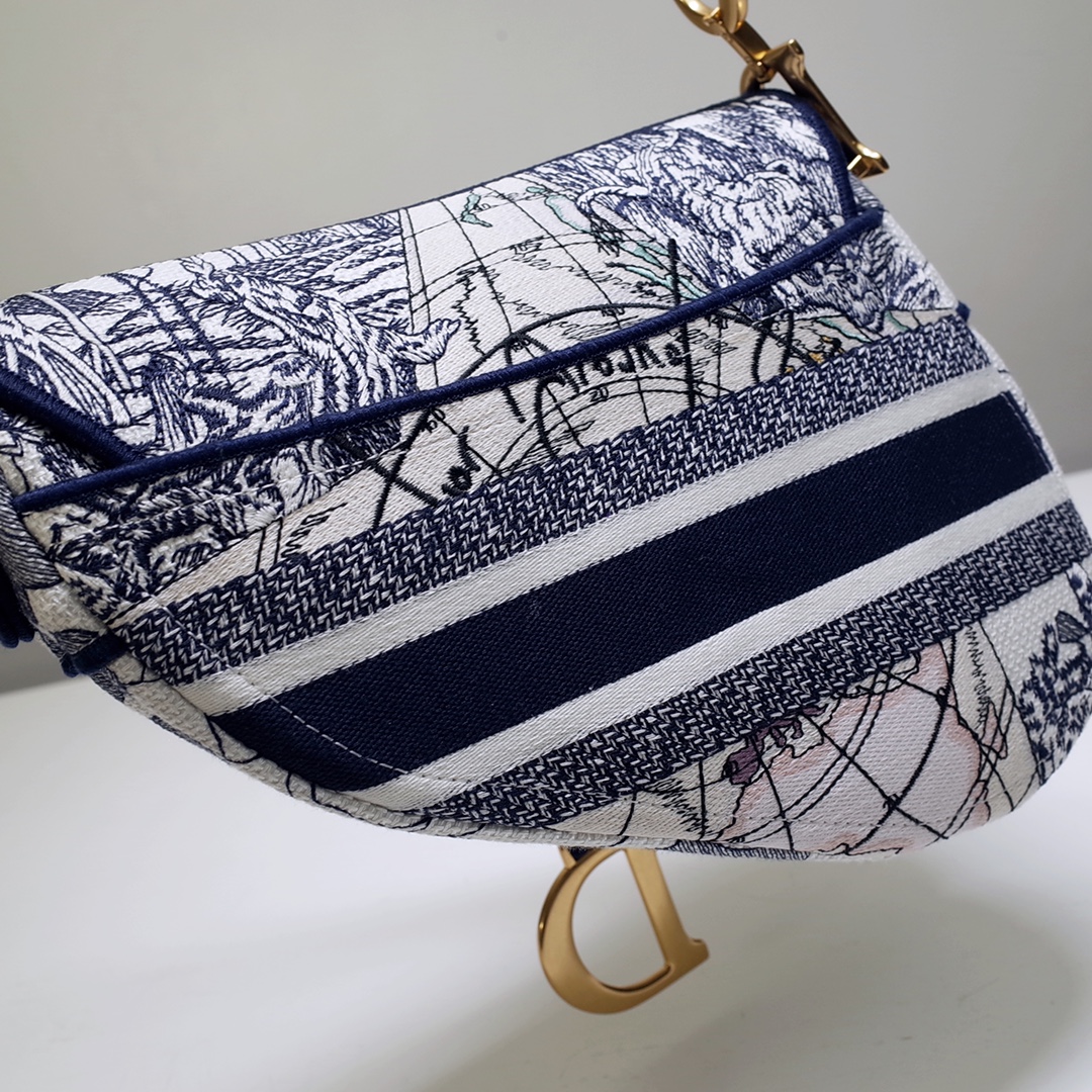Bagsaaa D10r Saddle Blue and White Embroidered - 25.5 x 20 x 6.5 cm