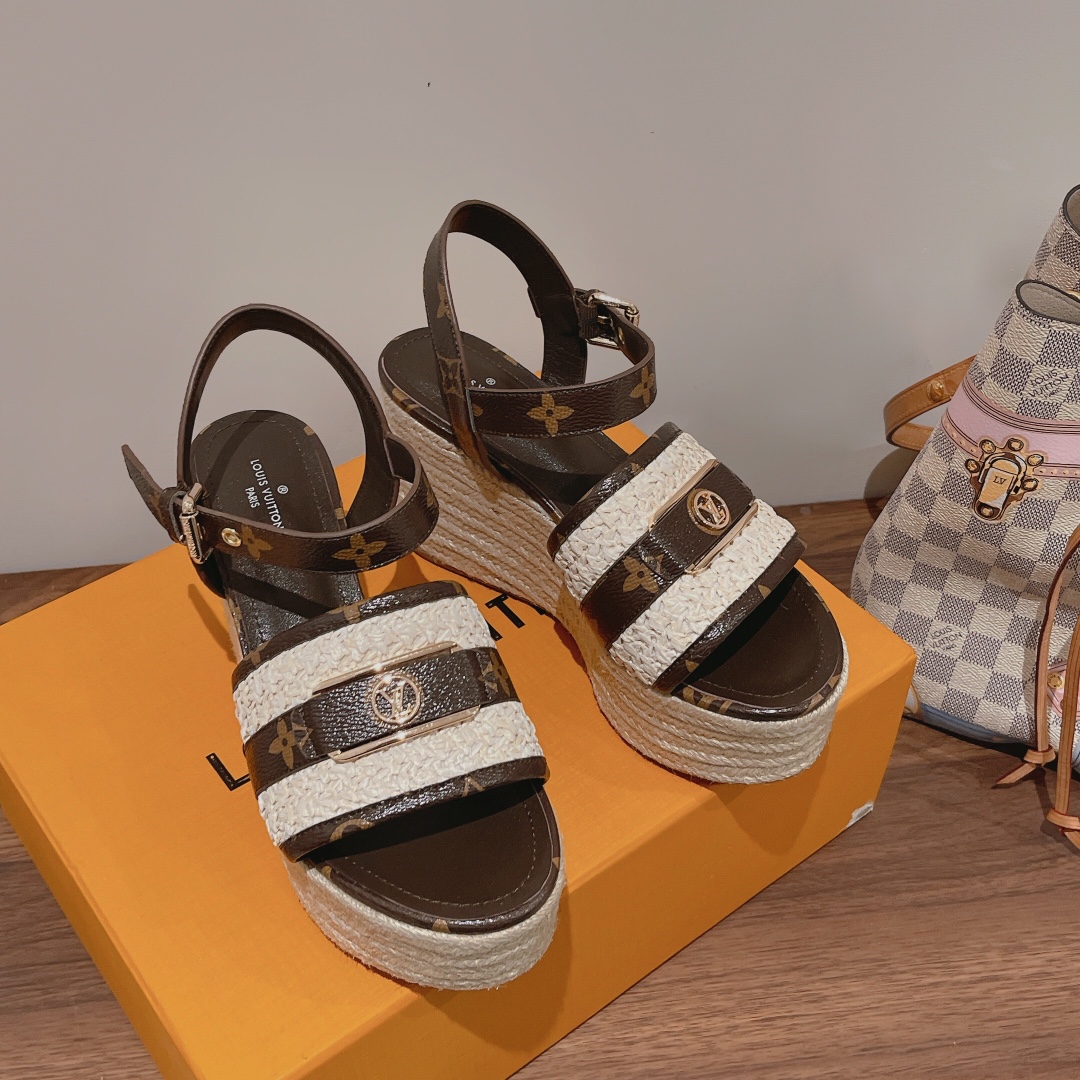 Bagsaaa L0vis Vvtt0n Starboard Wedge Sandal Brown Monogram LV Logo