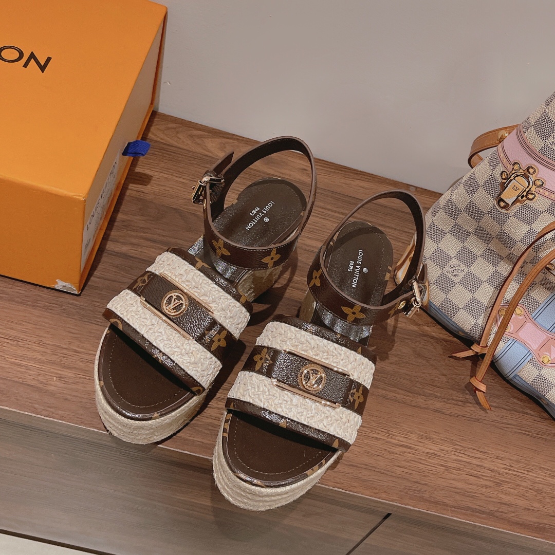 Bagsaaa L0vis Vvtt0n Starboard Wedge Sandal Brown Monogram LV Logo