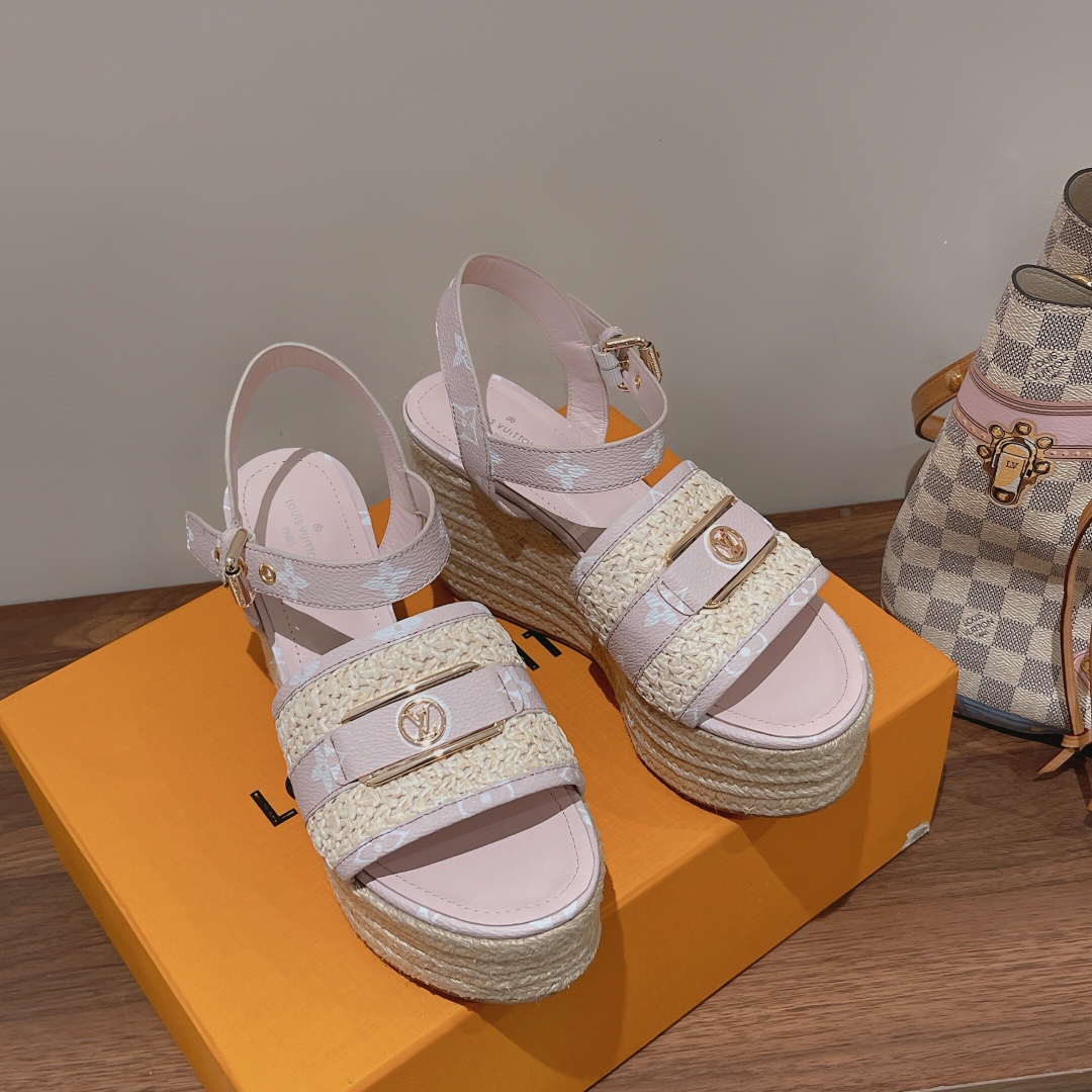 Bagsaaa L0vis Vvtt0n Starboard Wedge Sandal Pink LV Logo