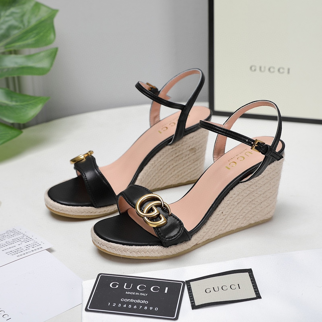 Bagsaaa Gvc*1 85mm Black Leather Wedge Espadrilles