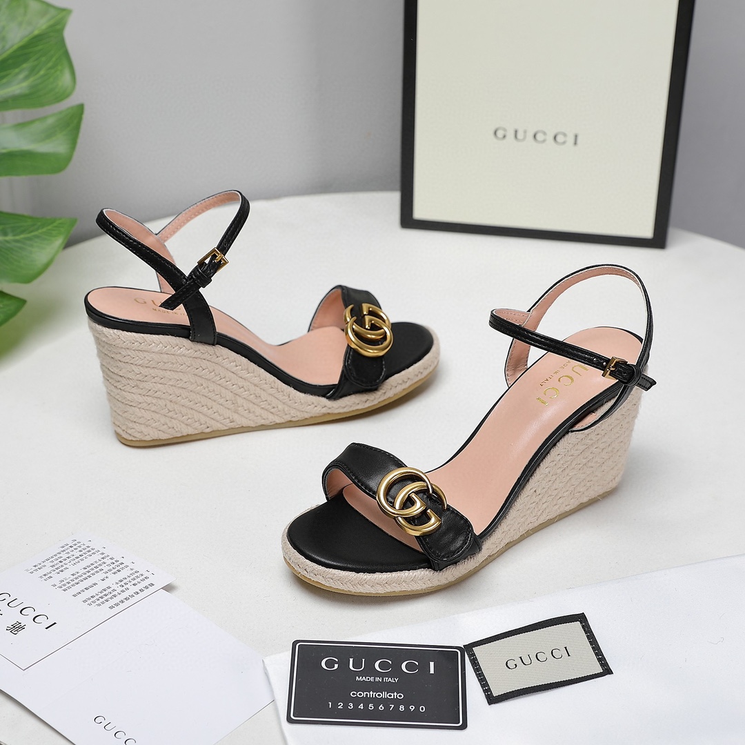 Bagsaaa Gvc*1 85mm Black Leather Wedge Espadrilles