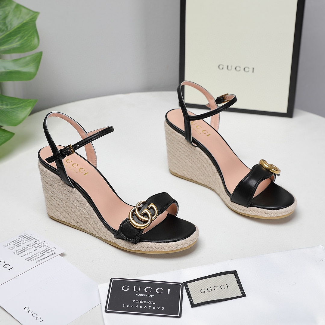 Bagsaaa Gvc*1 85mm Black Leather Wedge Espadrilles