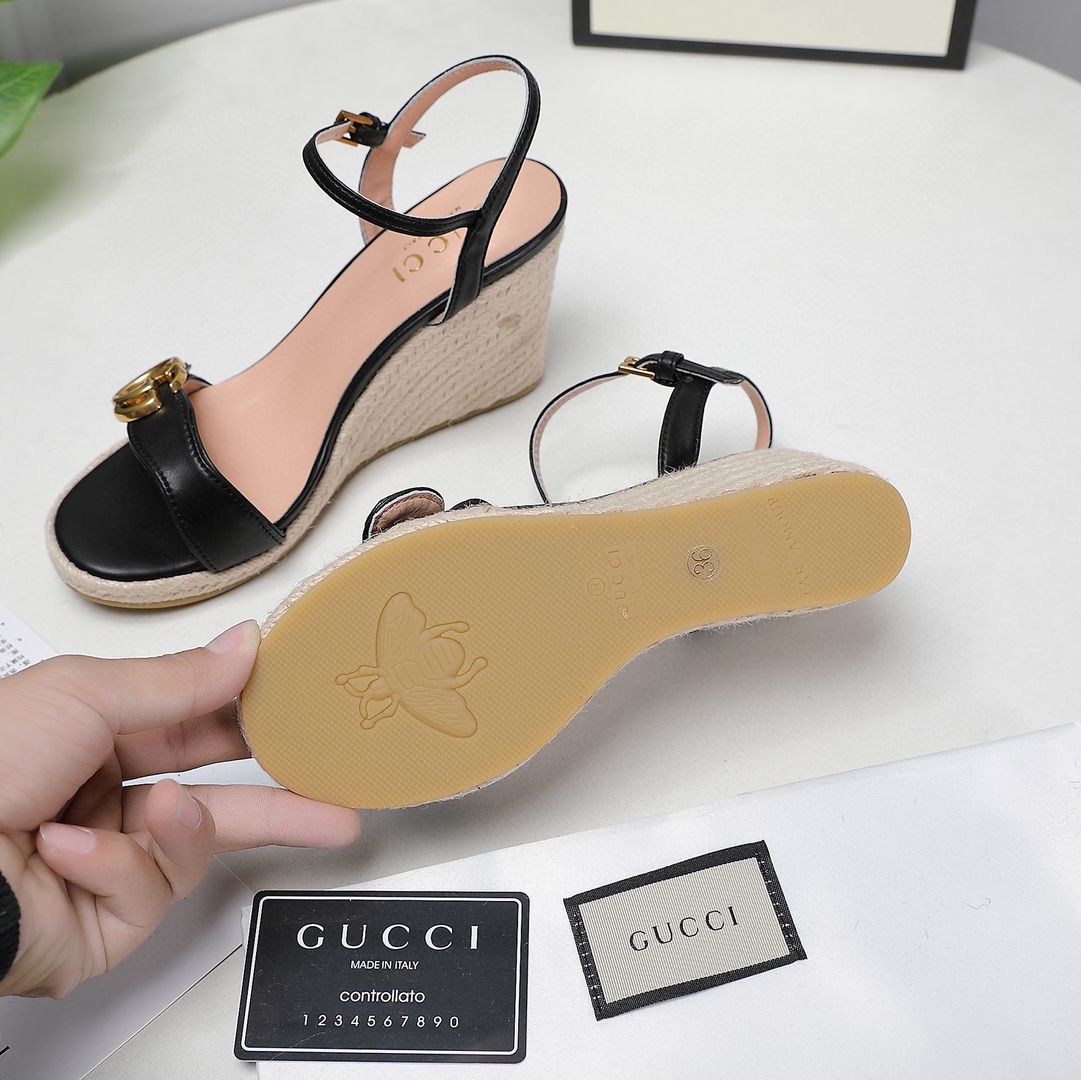 Bagsaaa Gvc*1 85mm Black Leather Wedge Espadrilles