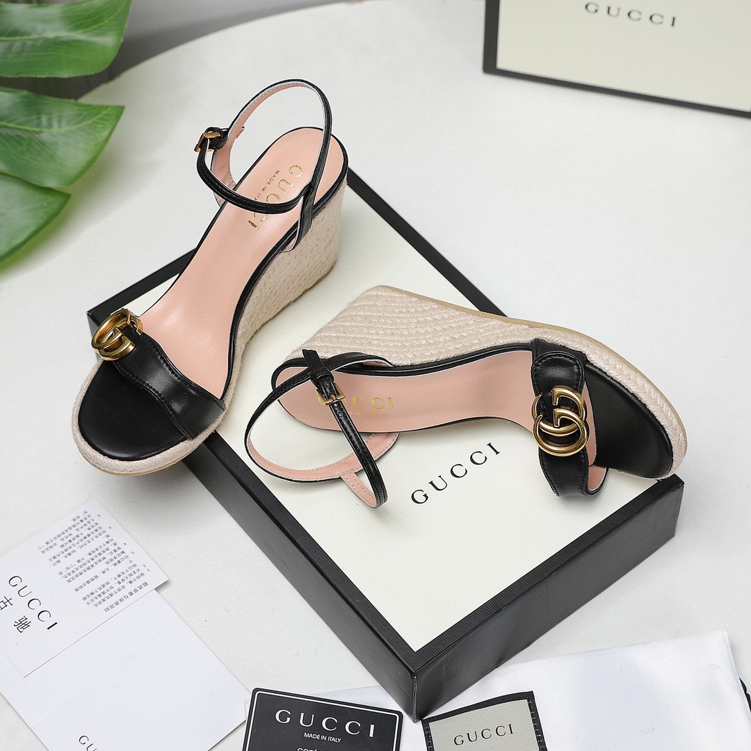 Bagsaaa Gvc*1 85mm Black Leather Wedge Espadrilles