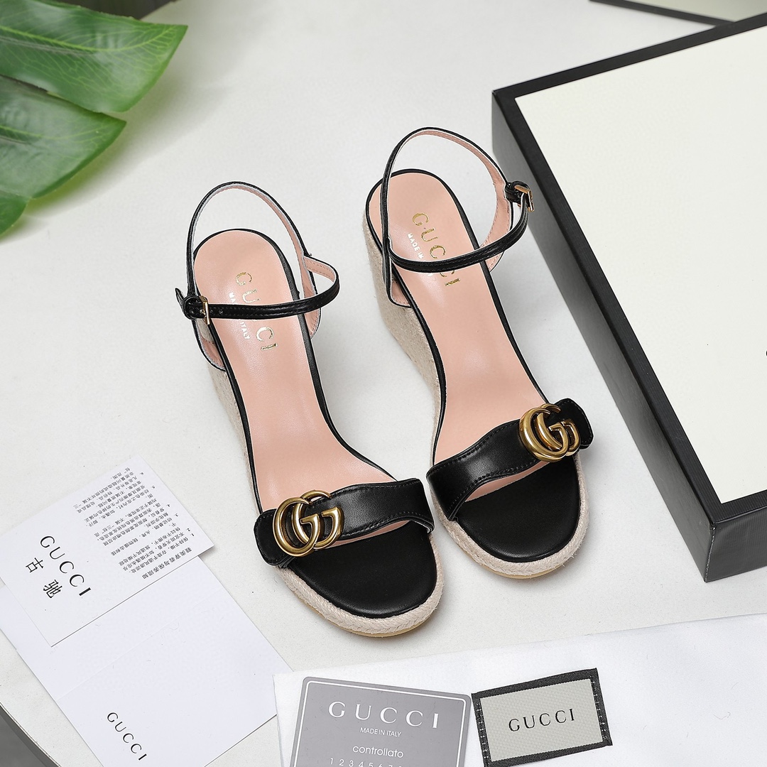 Bagsaaa Gvc*1 85mm Black Leather Wedge Espadrilles