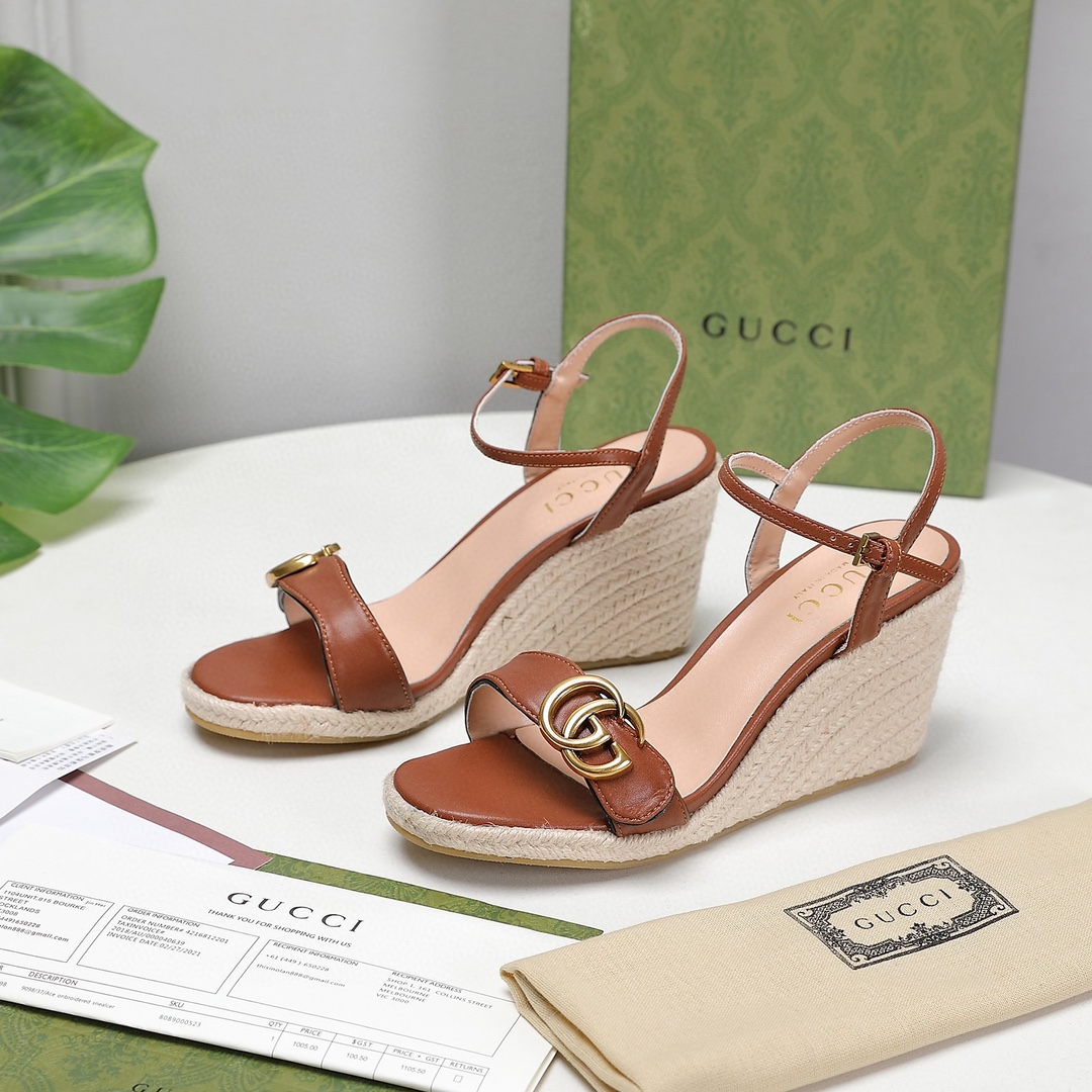 Bagsaaa Gvc*1 85mm Brown Leather Wedge Espadrilles