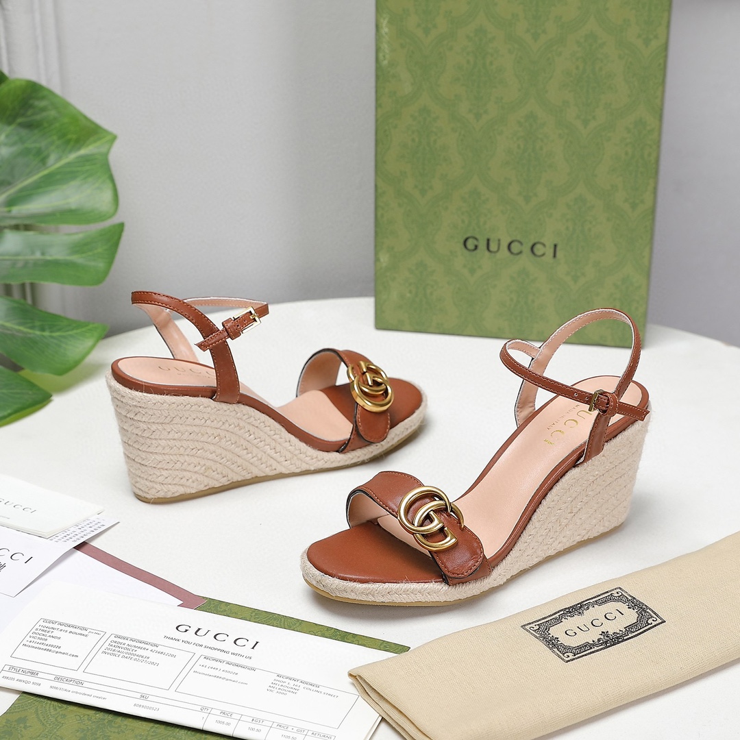 Bagsaaa Gvc*1 85mm Brown Leather Wedge Espadrilles