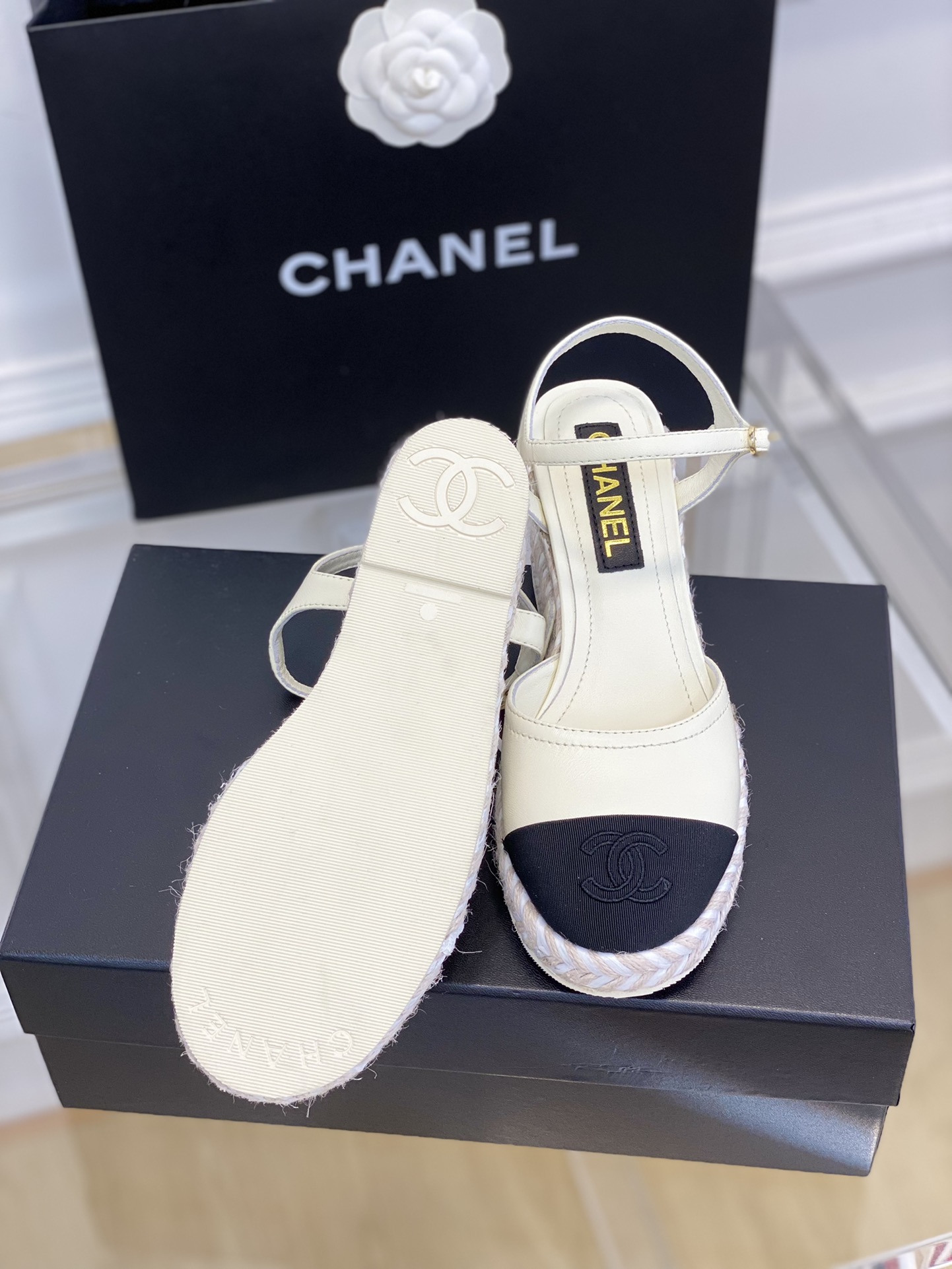 Bagsaaa Ch**el Ankle Strap Wedge Espadrilles White Leather