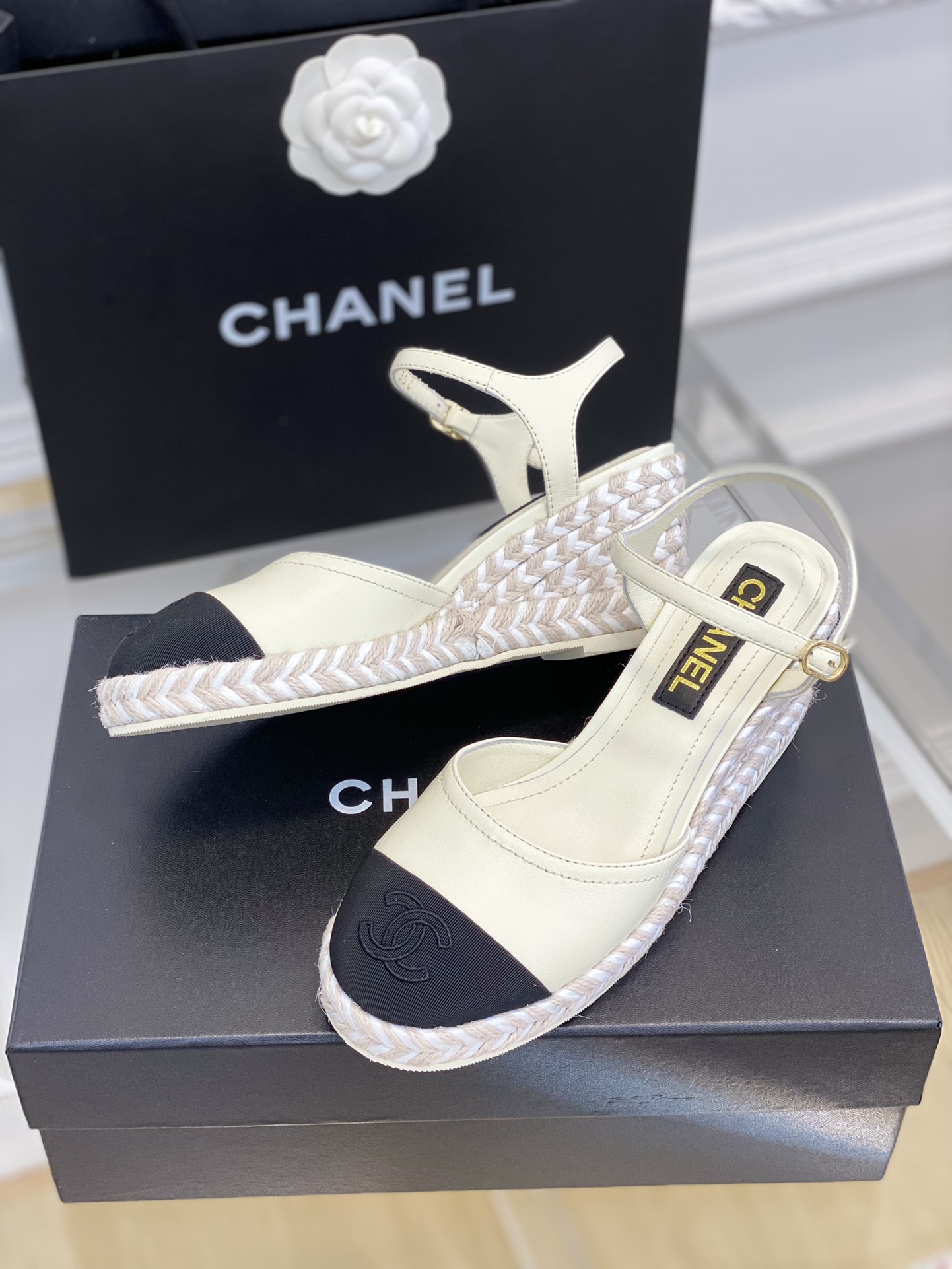 Bagsaaa Ch**el Ankle Strap Wedge Espadrilles White Leather