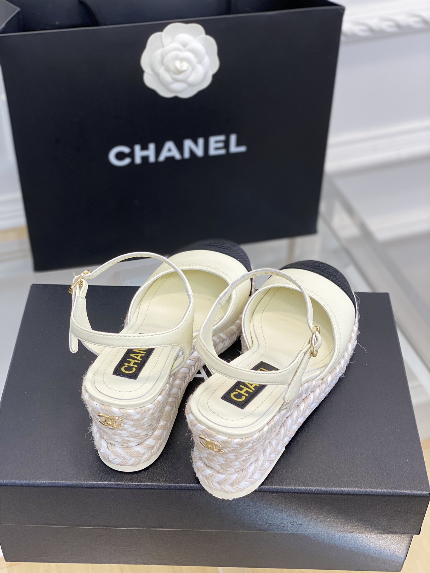 Bagsaaa Ch**el Ankle Strap Wedge Espadrilles White Leather