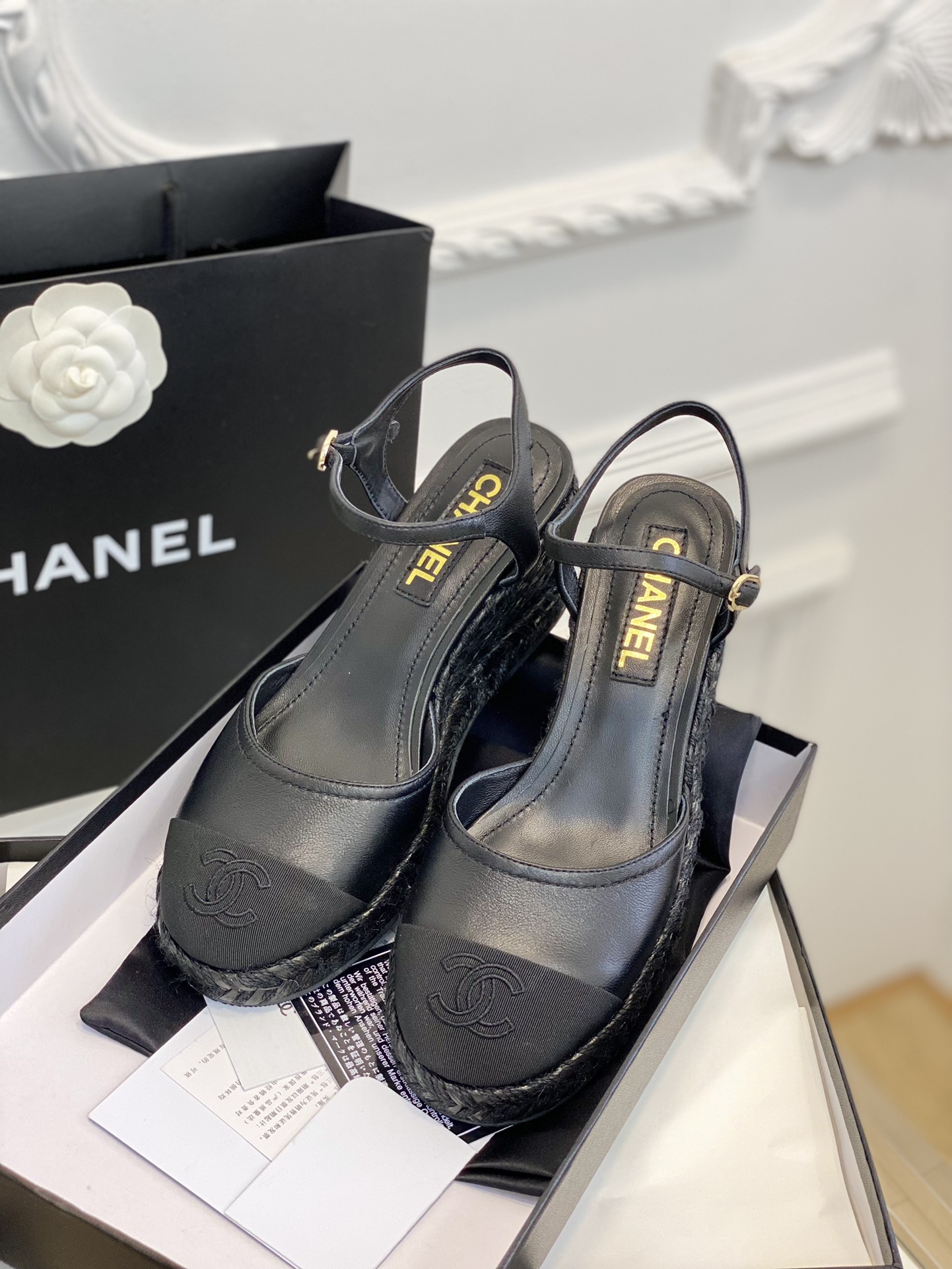 Bagsaaa Ch**el Ankle Strap Wedge Espadrilles Black Leather