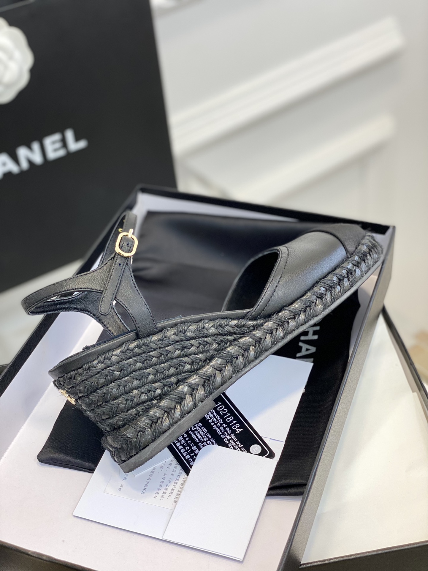 Bagsaaa Ch**el Ankle Strap Wedge Espadrilles Black Leather