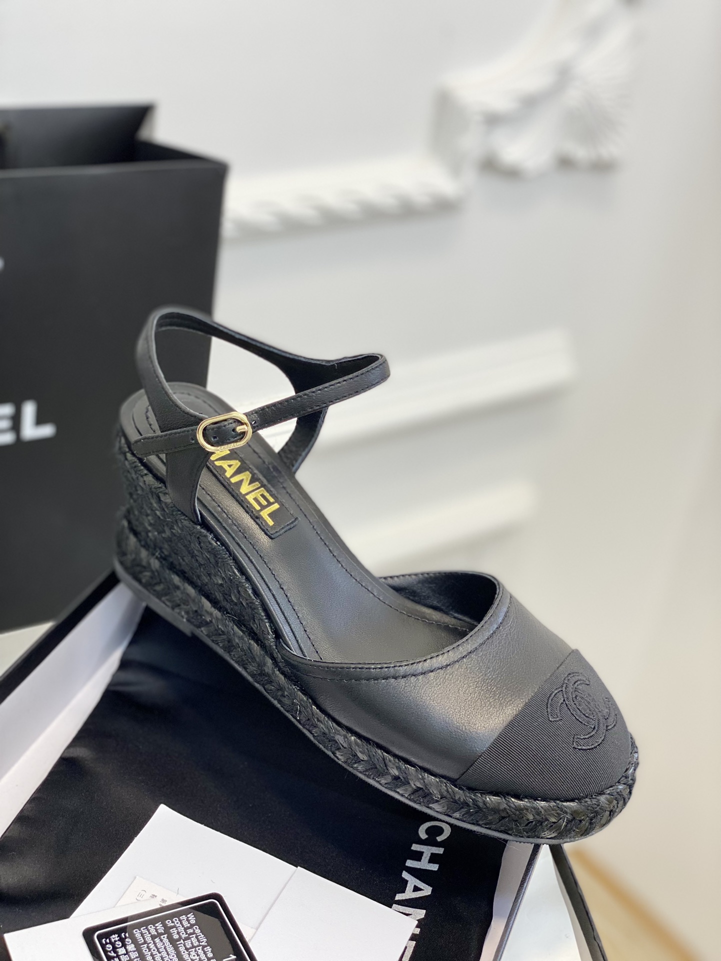 Bagsaaa Ch**el Ankle Strap Wedge Espadrilles Black Leather