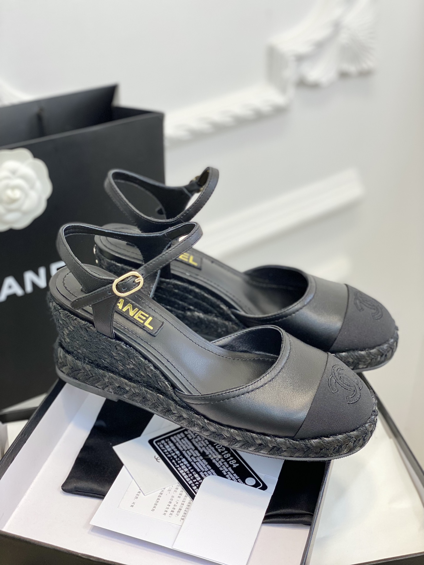 Bagsaaa Ch**el Ankle Strap Wedge Espadrilles Black Leather