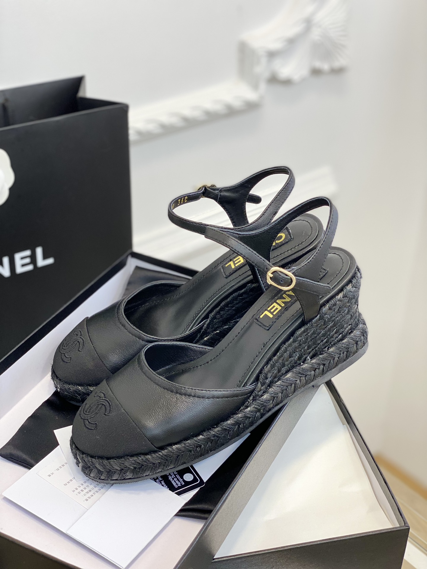 Bagsaaa Ch**el Ankle Strap Wedge Espadrilles Black Leather