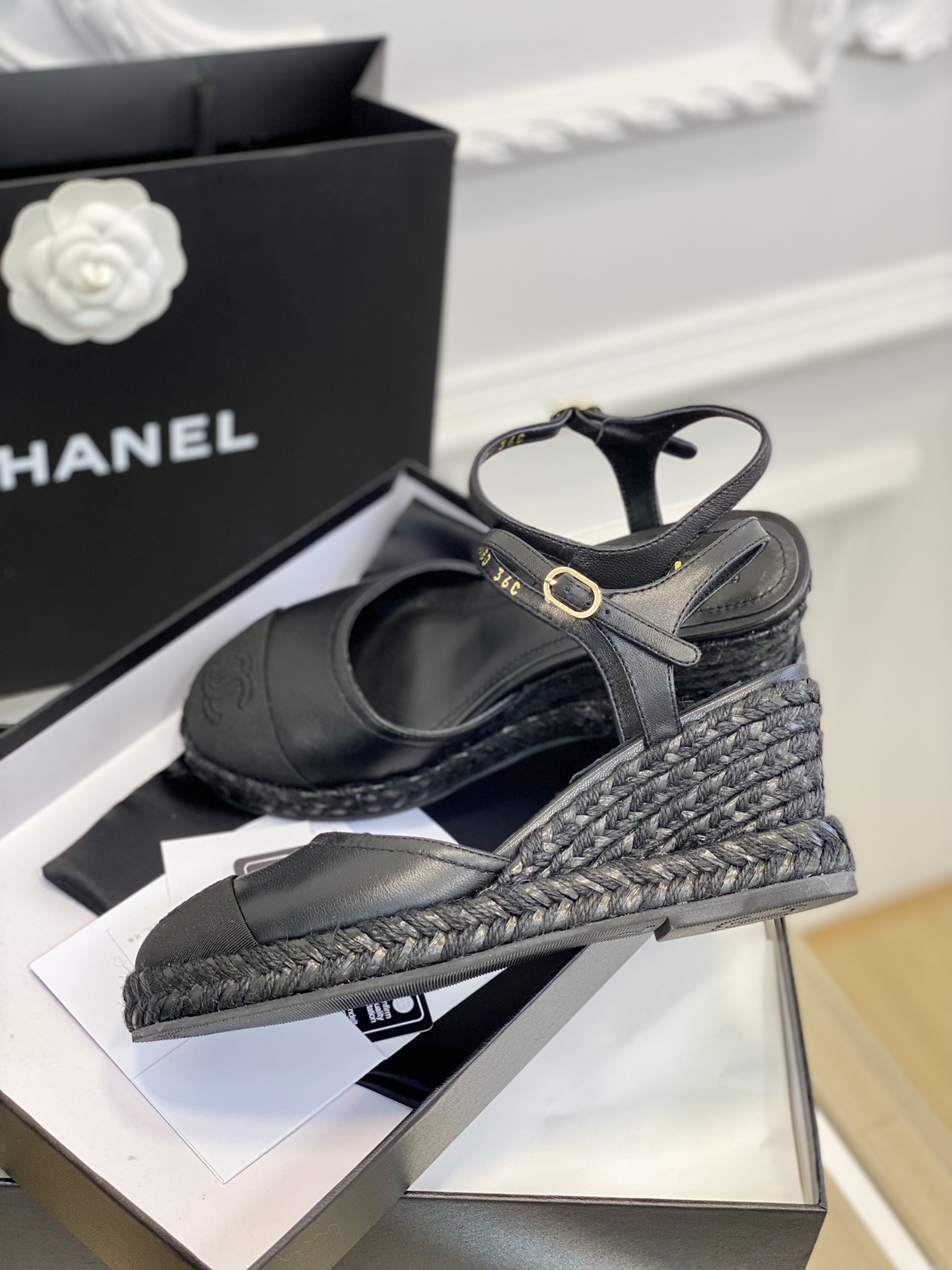 Bagsaaa Ch**el Ankle Strap Wedge Espadrilles Black Leather
