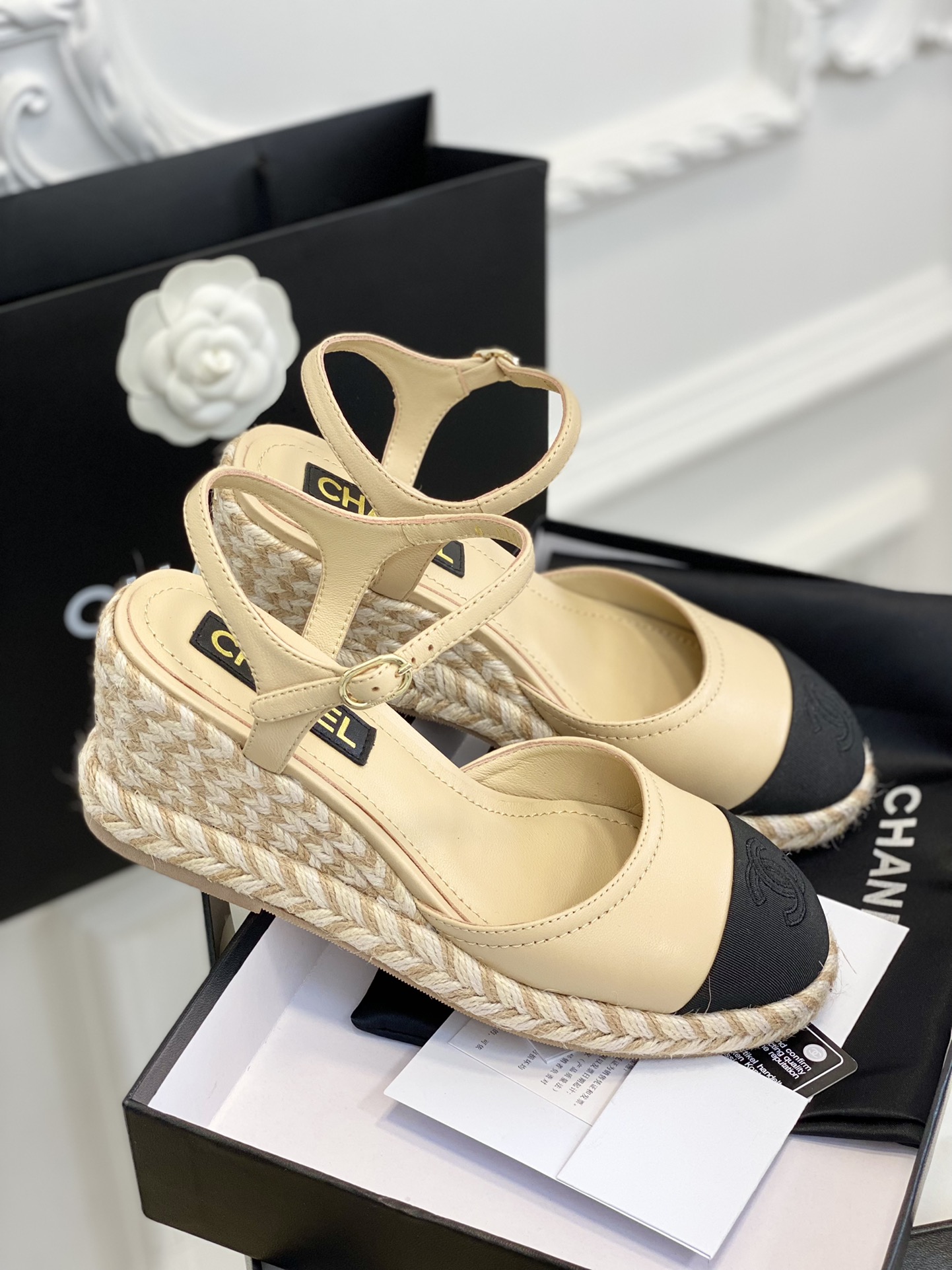 Bagsaaa Ch**el Ankle Strap Wedge Espadrilles Beige Leather