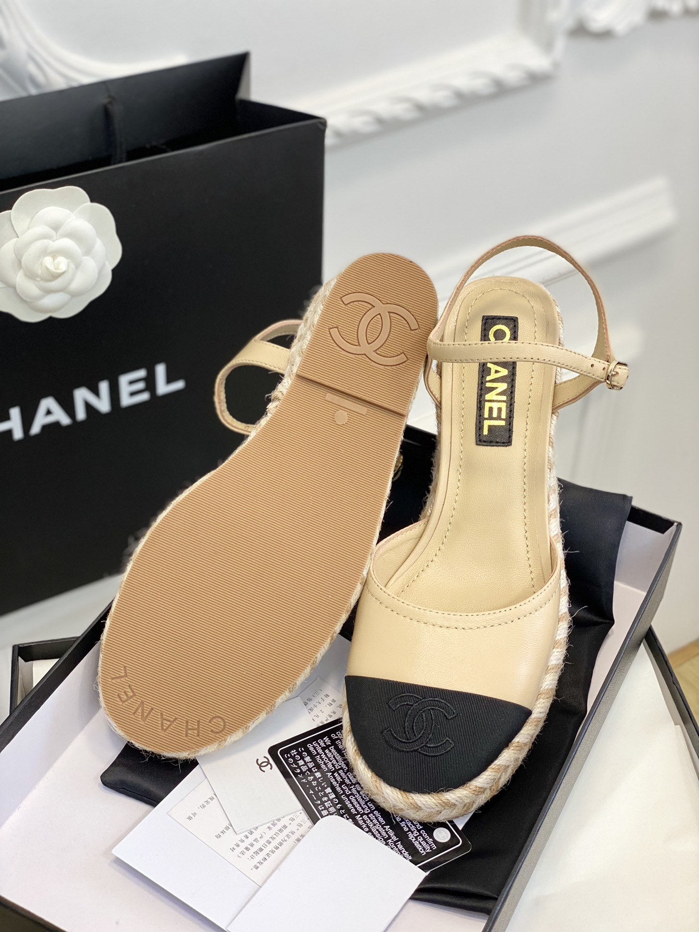 Bagsaaa Ch**el Ankle Strap Wedge Espadrilles Beige Leather