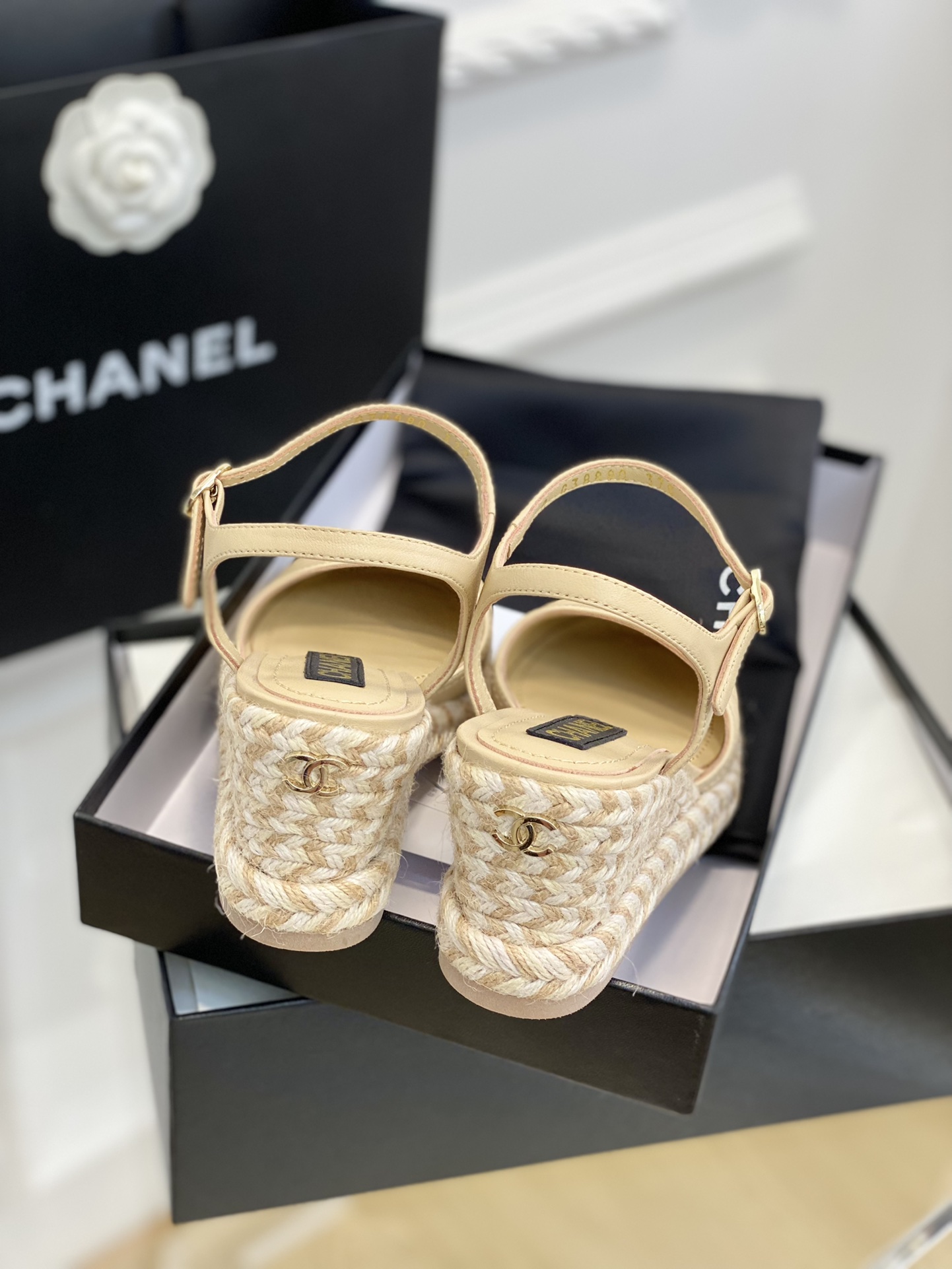 Bagsaaa Ch**el Ankle Strap Wedge Espadrilles Beige Leather