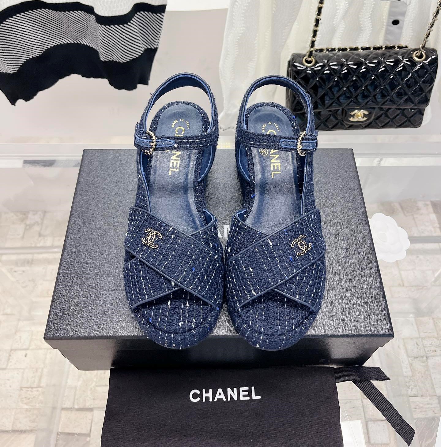 Bagsaaa Ch**el Blue Tweed Wedge Sandals