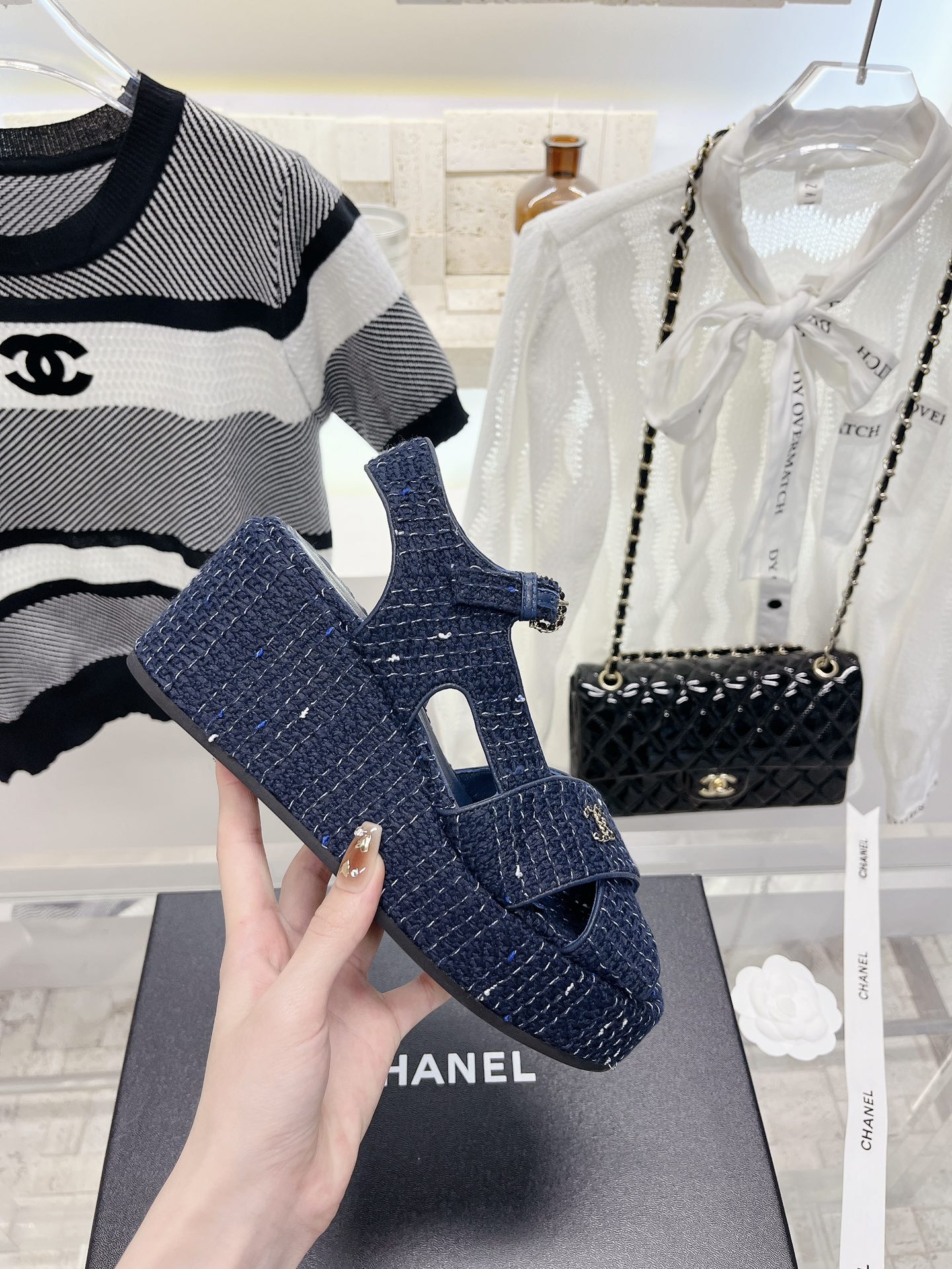Bagsaaa Ch**el Blue Tweed Wedge Sandals