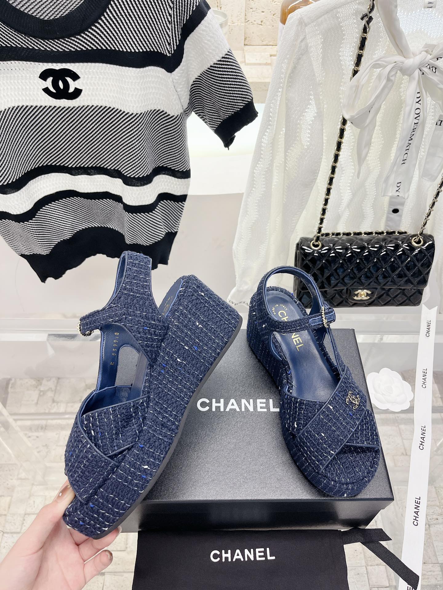 Bagsaaa Ch**el Blue Tweed Wedge Sandals
