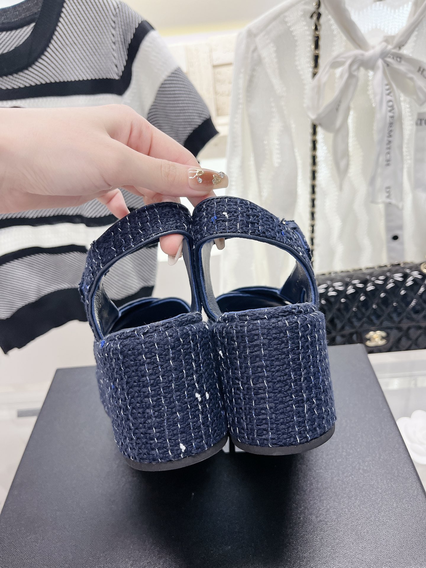 Bagsaaa Ch**el Blue Tweed Wedge Sandals