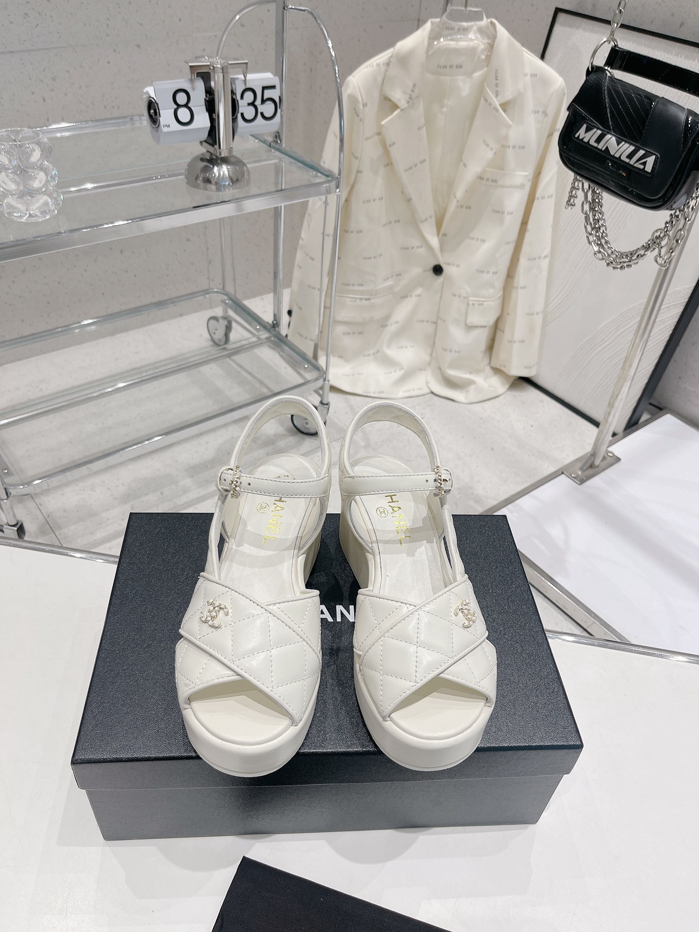 Bagsaaa Ch**el White Lambskin Wedge Sandals
