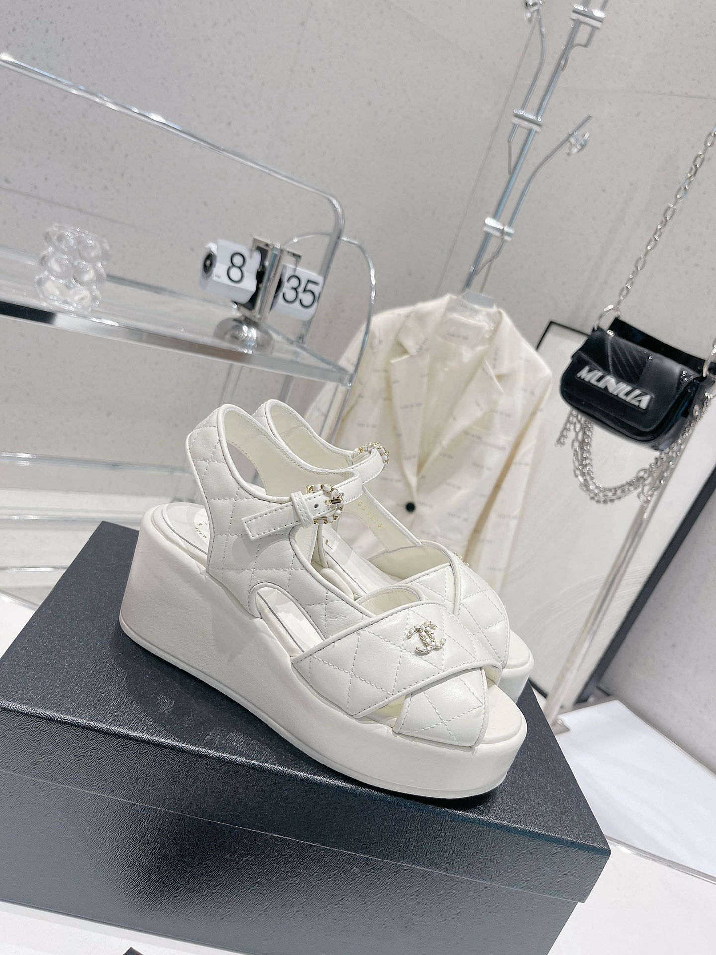 Bagsaaa Ch**el White Lambskin Wedge Sandals