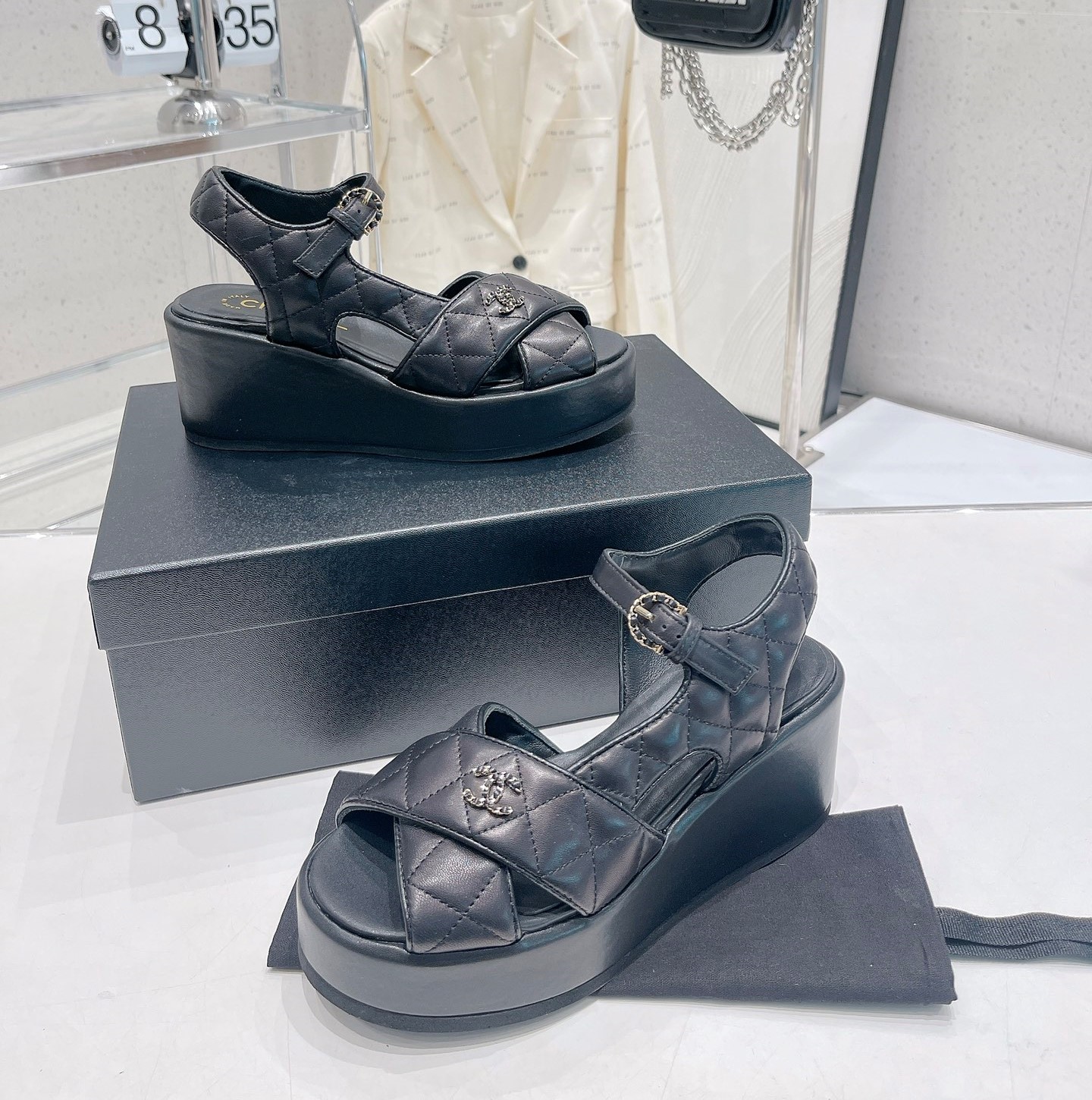 Bagsaaa Ch**el Black Lambskin Wedge Sandals