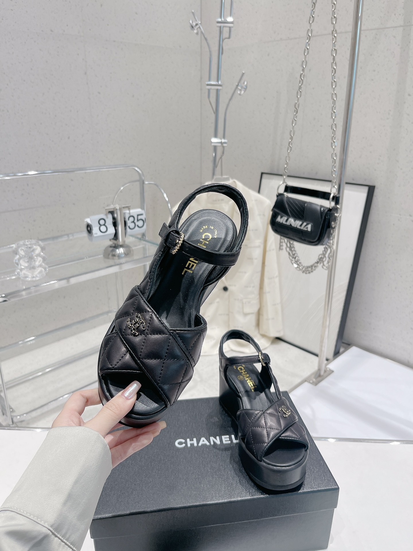 Bagsaaa Ch**el Black Lambskin Wedge Sandals