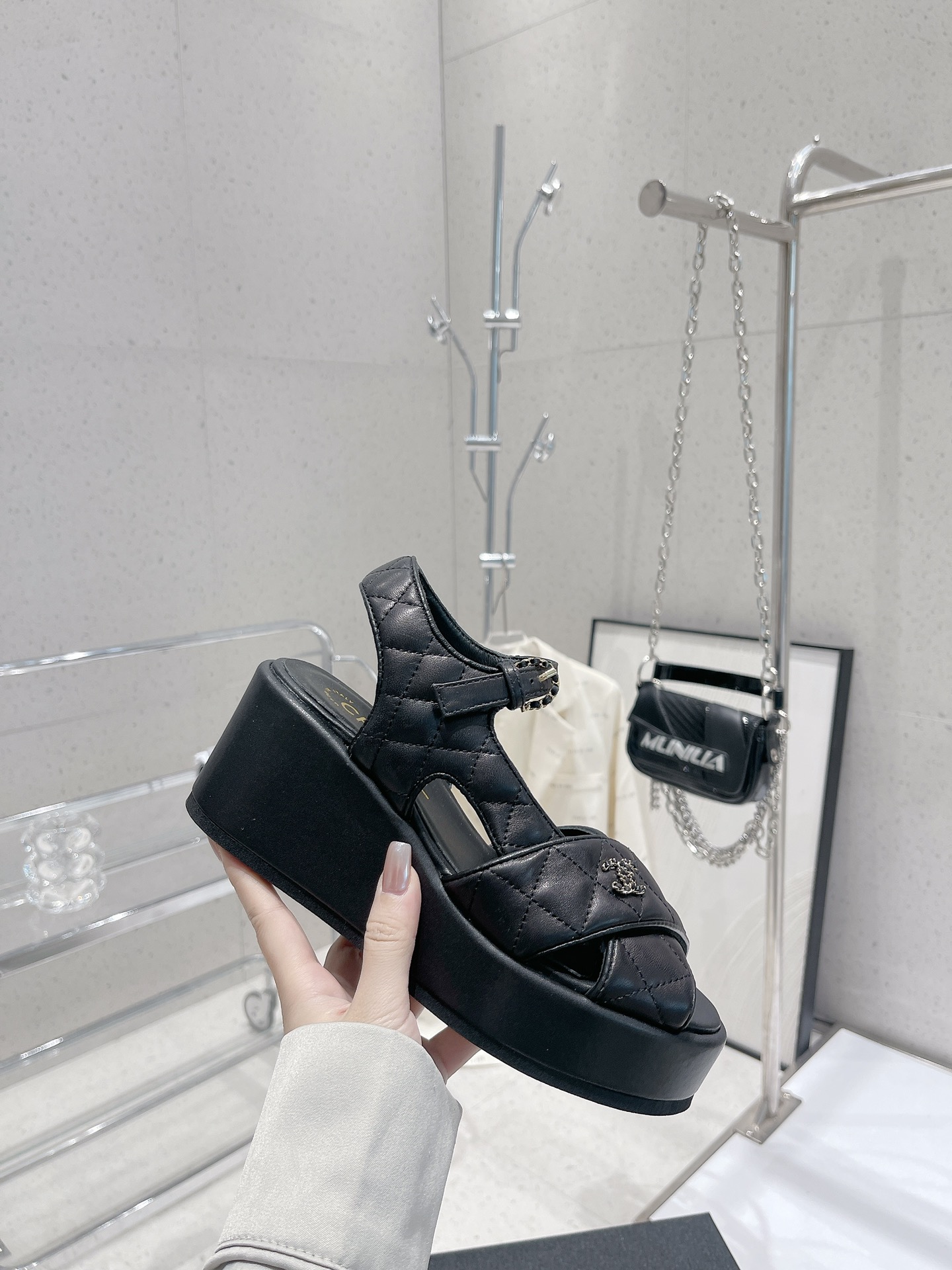 Bagsaaa Ch**el Black Lambskin Wedge Sandals