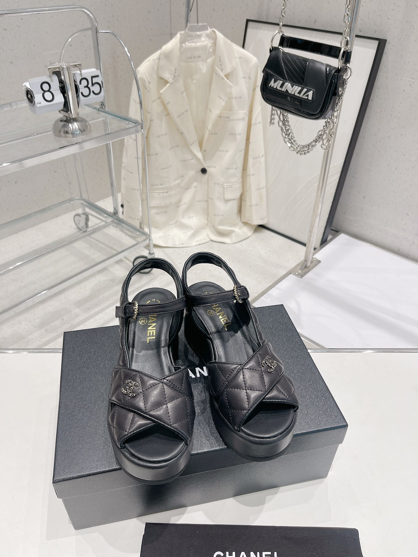 Bagsaaa Ch**el Black Lambskin Wedge Sandals