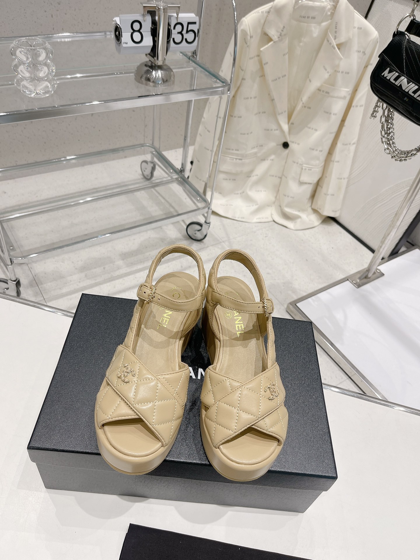Bagsaaa Ch**el Beige Lambskin Wedge Sandals